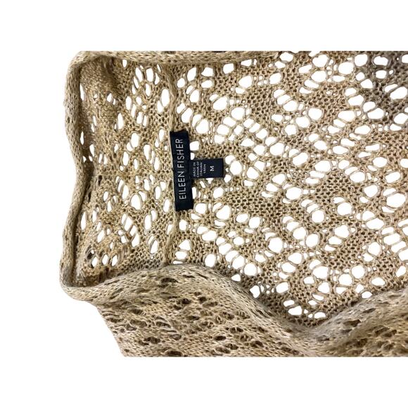 Eileen Fisher Shrug Cardigan Sweater Sz Medium Tan Crochet Knit Open Linen Blend - Picture 8 of 13
